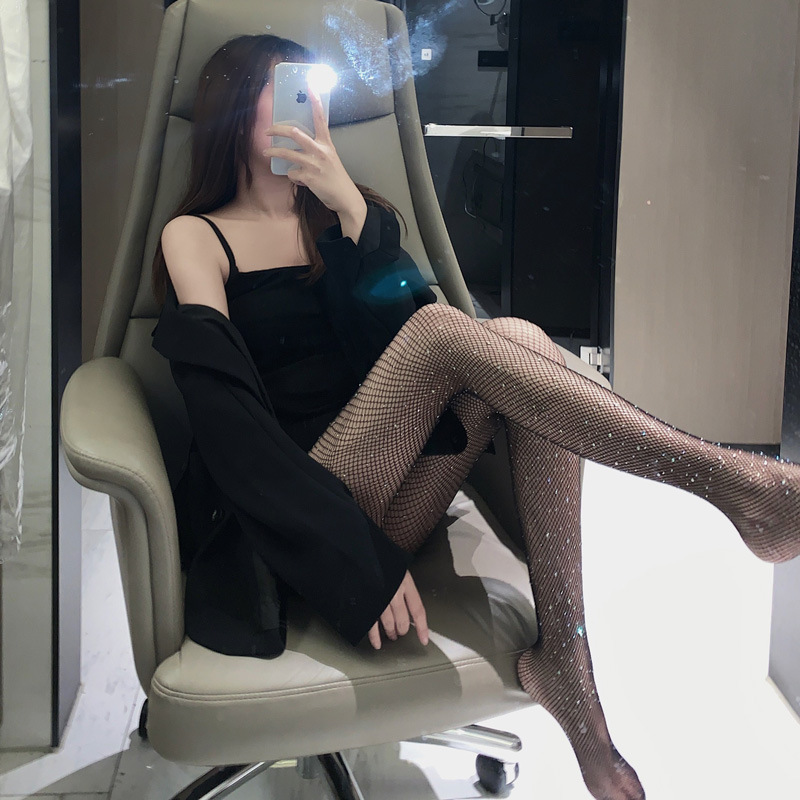 Thin Fishnet Stockings with Rhinestones, Anti-Snag, Sexy Nightclub Disco Hot Girl Rhinestone Open-Crotch Pantyhose Black Fishnet Stockings
