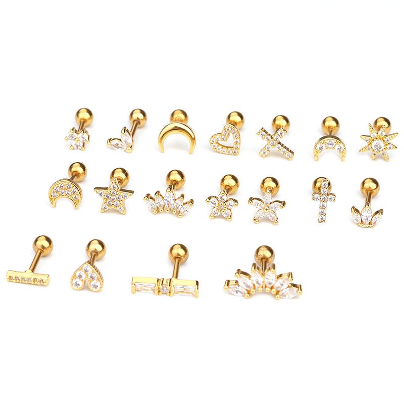 Picture of Titanium Steel Stainless Steel Rod Micro-inlaid Zircon Crown Ear Nail Screw Screw Ball Fashion Earrings European and American Piercing Jewelry