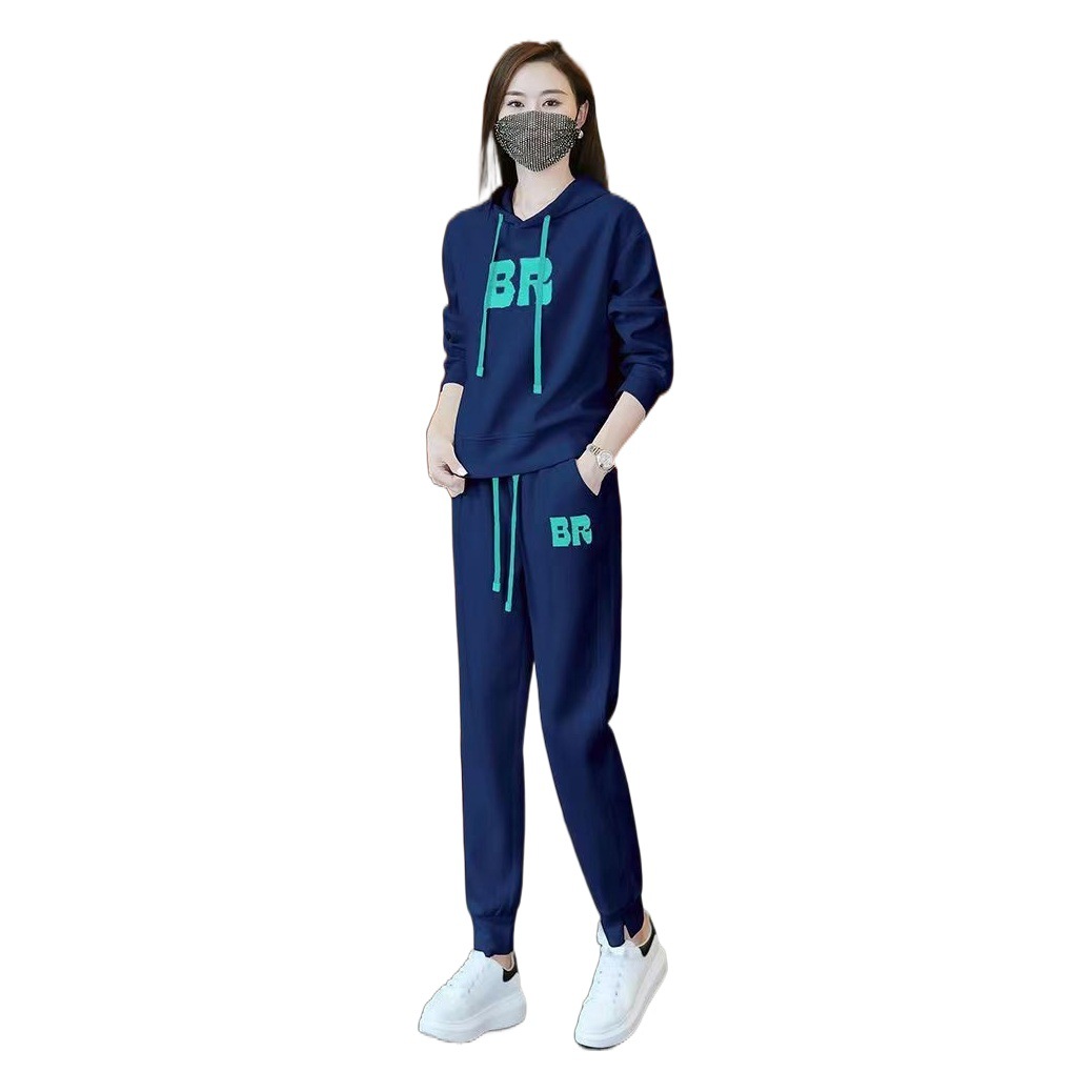 Fleece-lined thickened plus size fashion sports suit women's autumn and winter New slimming hooded two-piece set for women