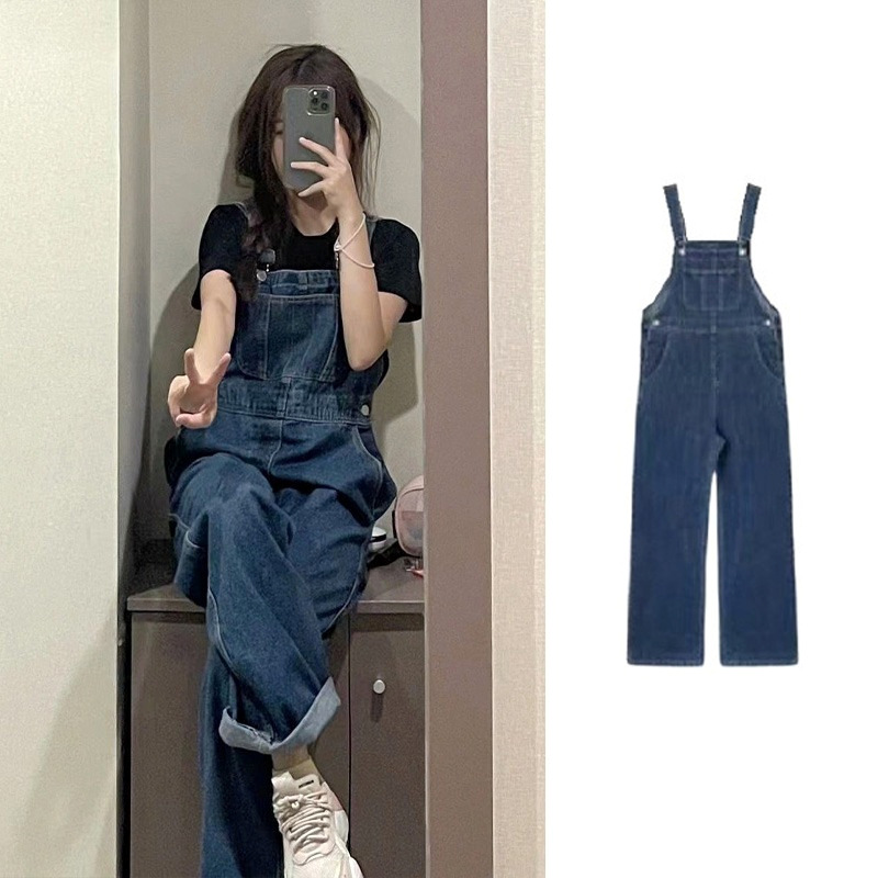 Milk fufu Denim suspender pants suit women's small salt series light cooked sweet spicy lively age-reducing American sweetheart wear