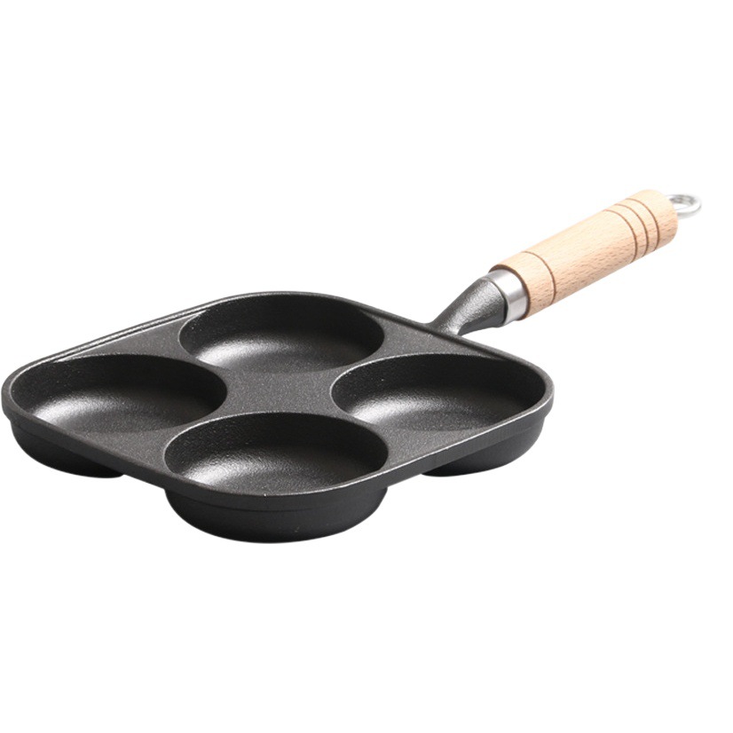 Cast Iron Egg Dumpling Pot Four-Hole Multi-Functional Omelette Pot Uncoated Iron Pot Wooden Handle Thickeneded Household Non-Stick Frying Pan