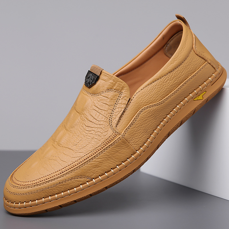 First Layer Cowhide Men's Business Dress Shoes Men's Fashion Breathable Shoes British Slip-on Casual White Shoes