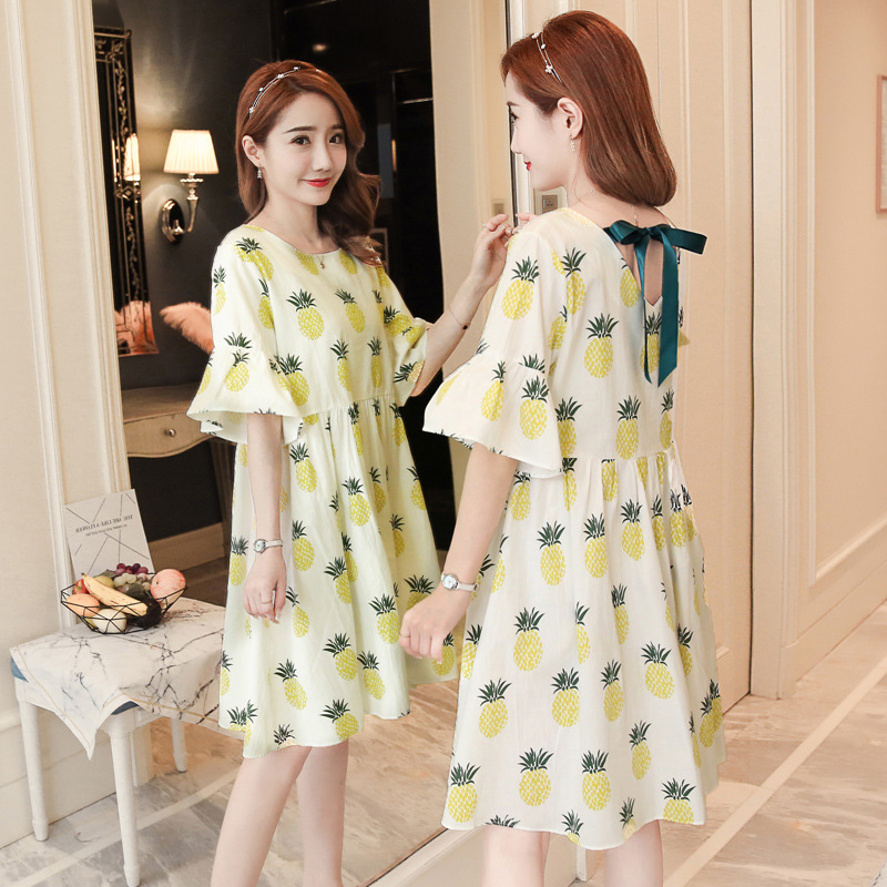 Pregnant Women's Summer Top New Mid-length Cartoon Dress Fashion Bow Loose Large Size Cotton and Linen Skirt