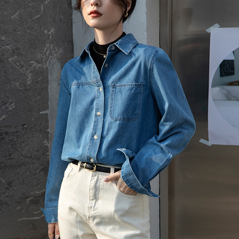 Denim Shirt Women's Inner Wear Spring New Design Sense Blue Jacket Wide Loose Shoulder Stacked French Shirt Long Sleeve