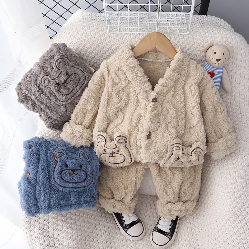 Autumn and Winter New Baby Home Clothes suit Cute Bear Plush Jacket Children Baby Plus Velvet Pajamas Two-piece Set