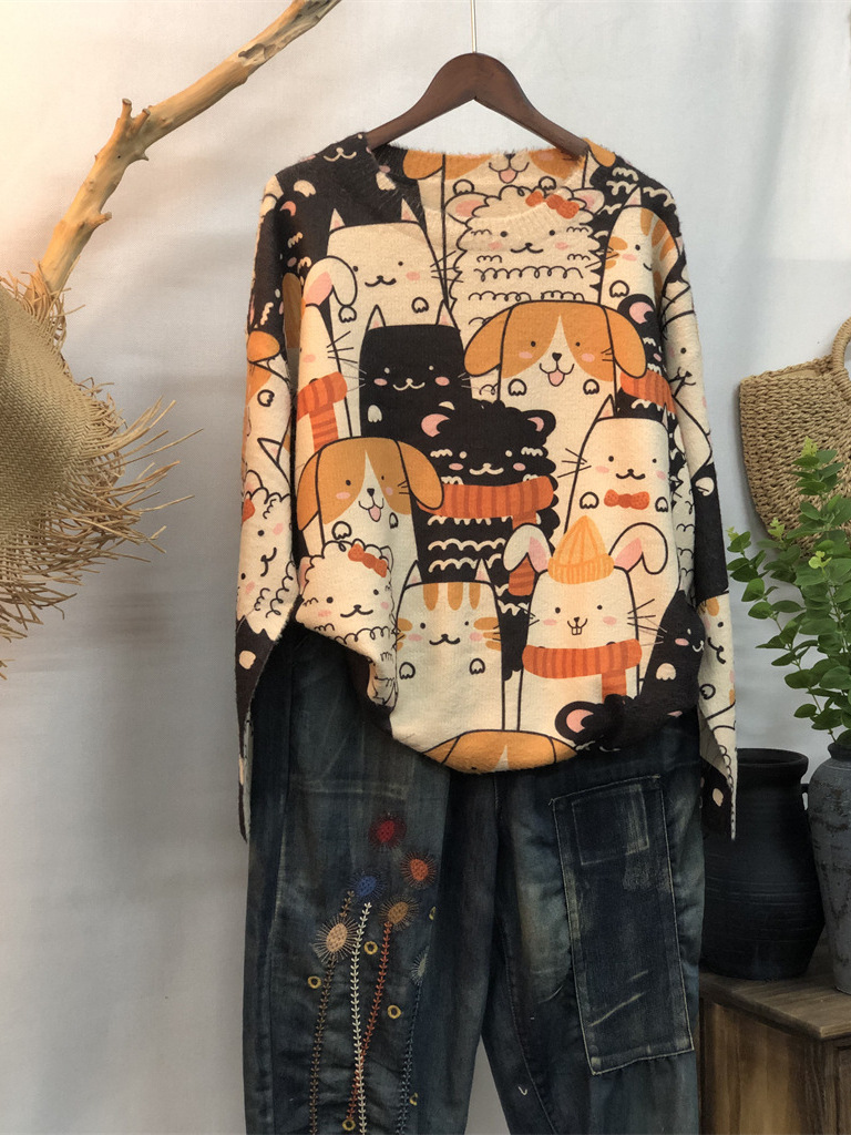 European Cartoon Animal Print Round Neck Sweater for Women 2025 Autumn and Winter New Fashion Casual Loose Versatile Lazy Style