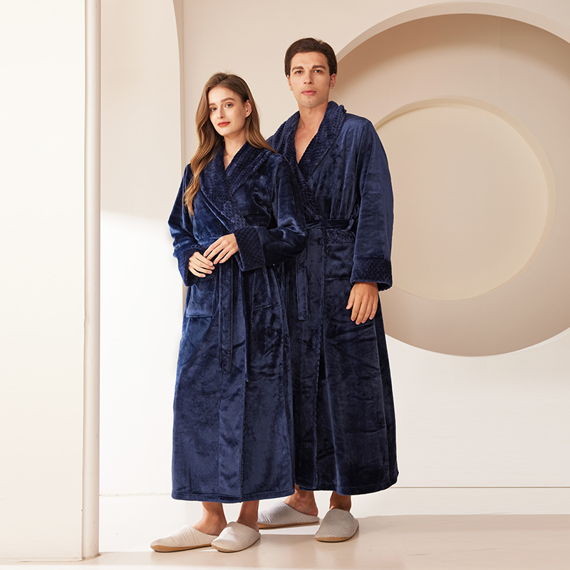Picture of Splicing Technology Plus Fat Large Size Loose Flannel Couple Nightgown Men and Women Coral Velvet Bathrobe Bathrobe Autumn and Winter