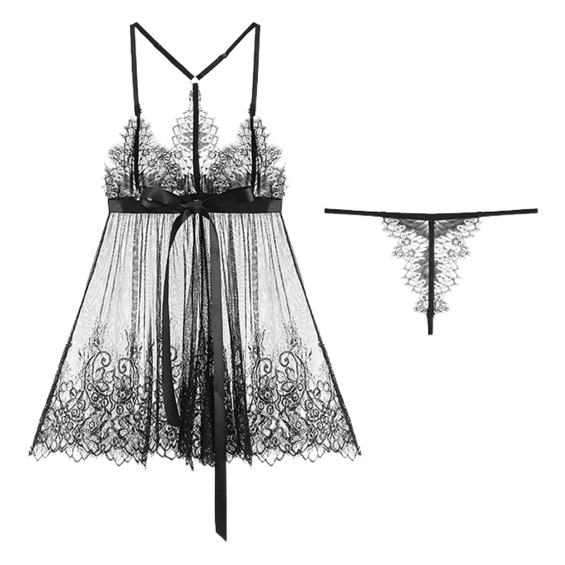 Guiruo Sexy Deep V Suspender Nightgown Lace See-Through Sweet Bow Pajamas Women's Home Wear Large Size Suit 220