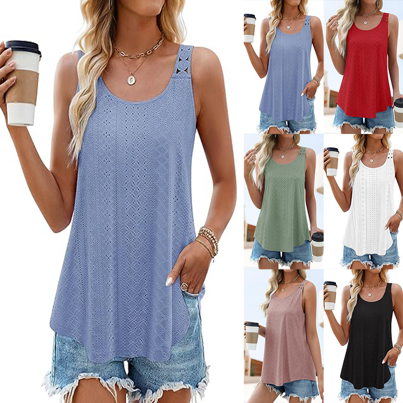 2025 European and American Summer Amazon Cross-Border New Women's Elegant Sleeveless Loose Round Neck Pierced Sling