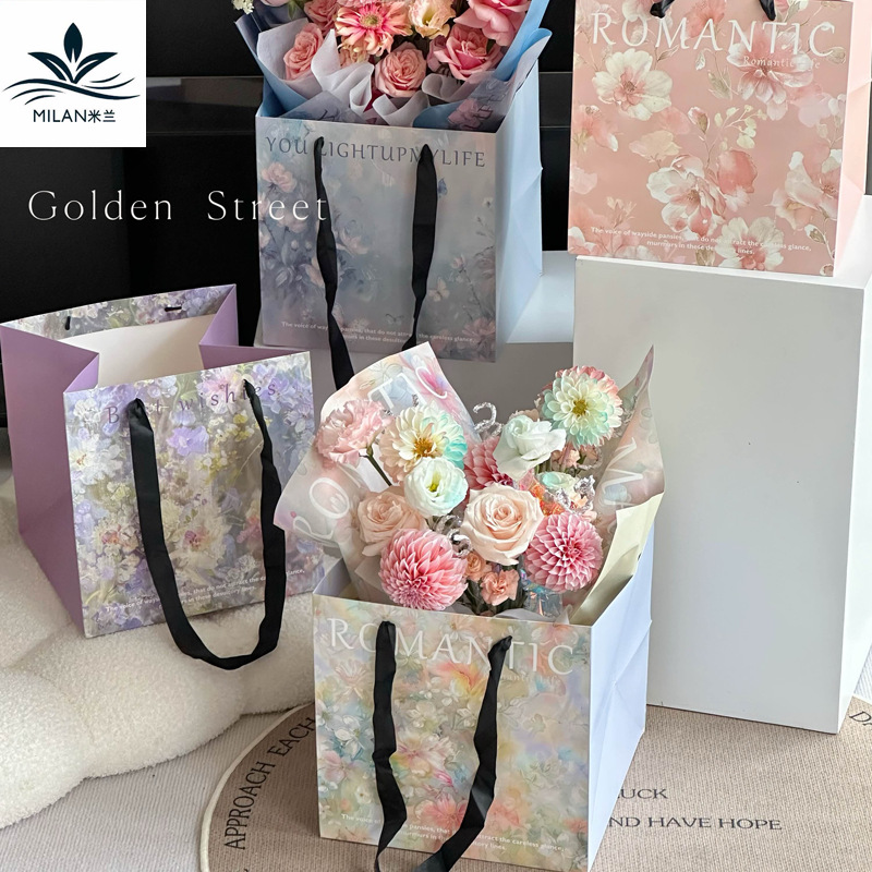 Sicilian oil painting style flower bouquet bag square kraft paper packaging bag gift box hand bag gift bag