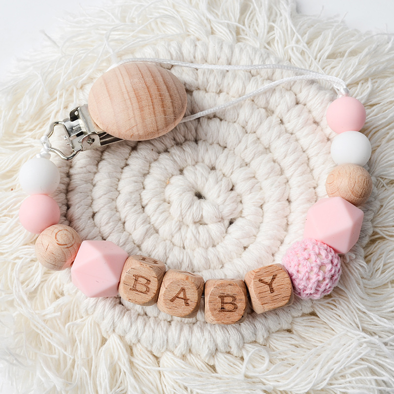 Picture of New Beech pacifier clip Beech letters BABY silicone octagonal beads wool crochet anti-drop chain