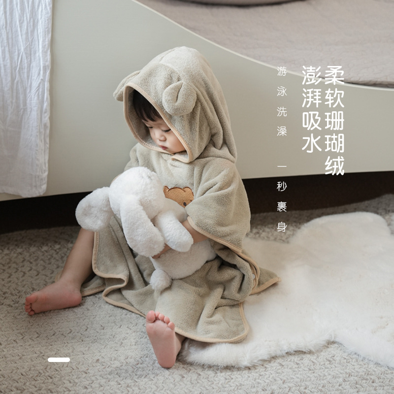 Picture of Coral Velvet Children's Bathrobe New Cartoon Cloak Wearable Bath Towel Hooded Baby Bath Cloak Beach Towel with Hood