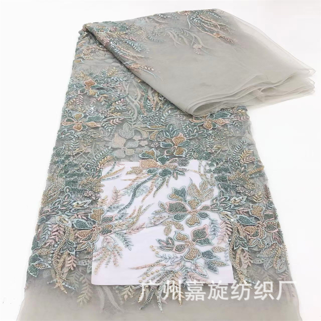 Nigeria French Tulle Lace Gray Heavy Bead Tube Embroider Middle Eastern Embroider Lace Mesh Fabric