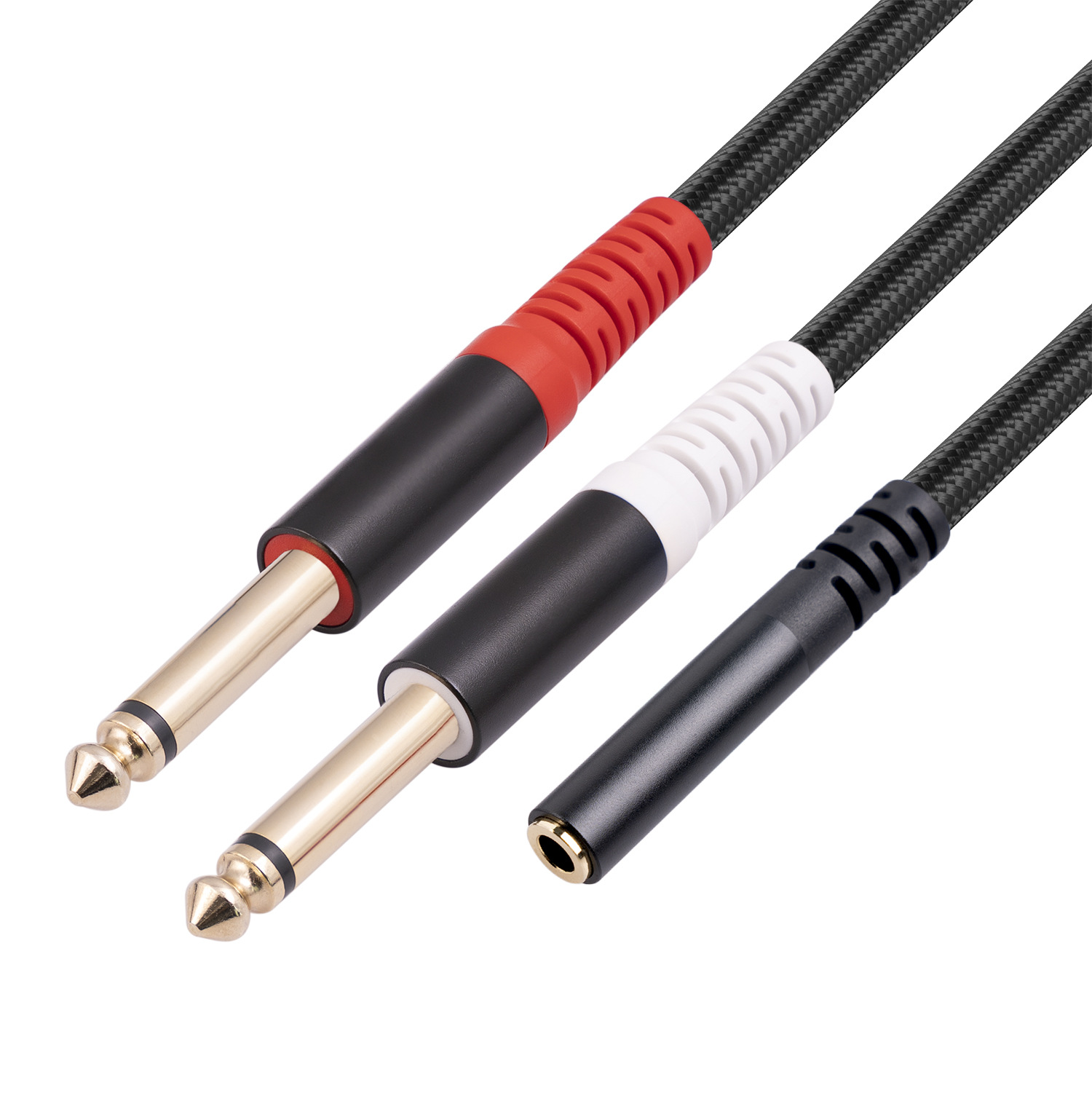 Picture of Shielded wire aluminum alloy shell stereo 3.5mm female to dual 6.35 TS 1/4 mono audio cable 0.3 m