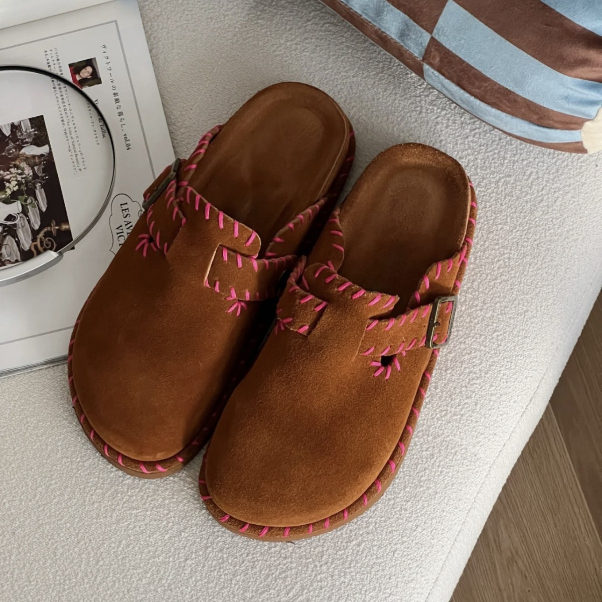 New Retro Thick-Soled Lazy Slip-On Toe-Cap Half Slippers Suede Genuine Leather Versatile Casual Birkenstock Shoes for Women