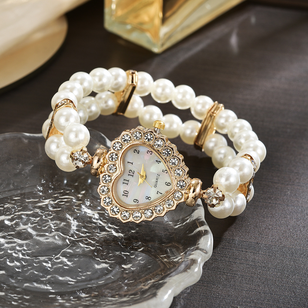 New Internet Celebrity New Pearl Full Diamond Love Dial Watch Compact Thin Strap High-Value Double Row Pearl Bracelet Watch