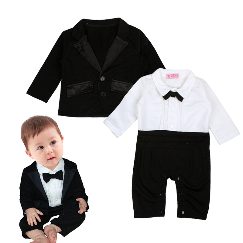 Foreign trade infant fashion romper gentleman bow tie long sleeve dress jumpsuit + small suit jacket