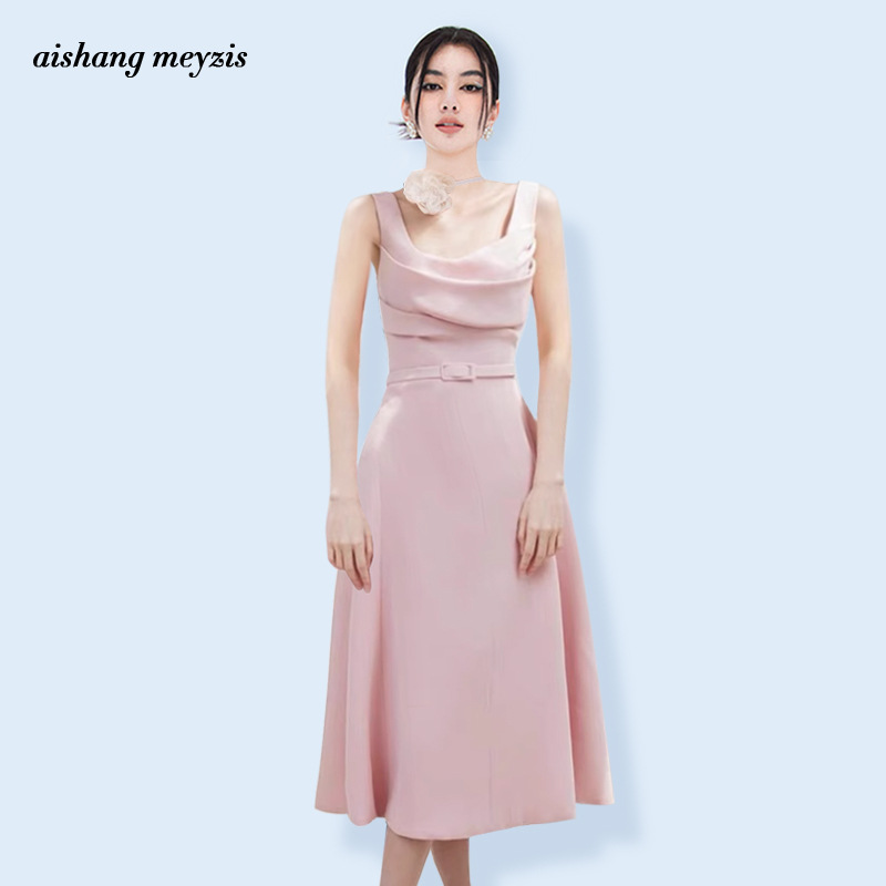 Pink Socialite Elegant Sling dress Women's 2024 Summer New Elegant Square Collar Pleated Long Dress Dress