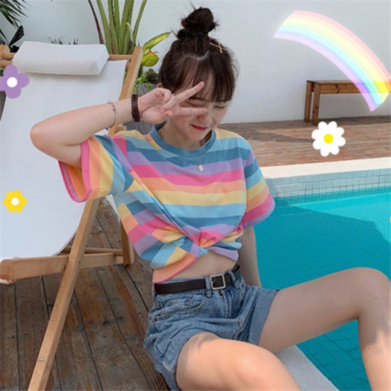 2021 Cross-border Summer New Arrival Hyun-tasting Rainbow Striped Loose Top Instagram Popular Trendy Short-sleeved T-shirt for Girls