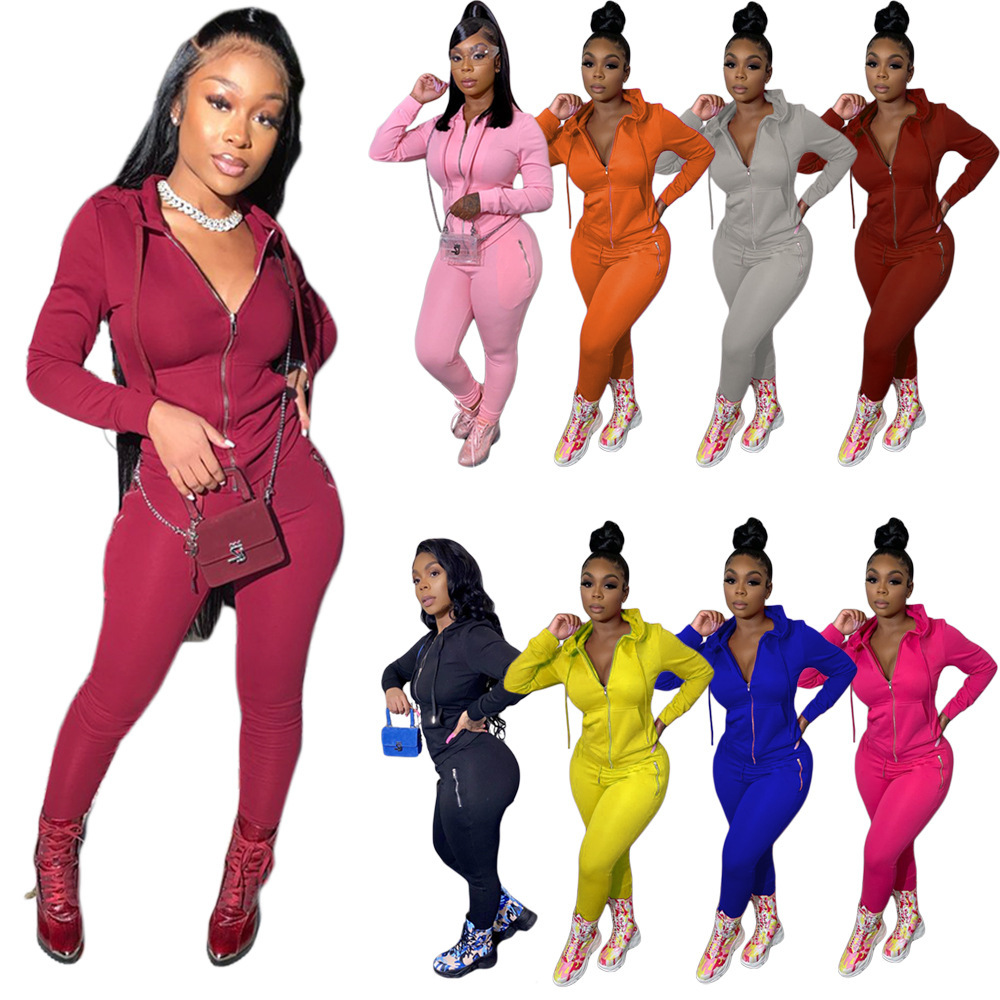 9649#2021 autumn and winter European and American women's fashion sports casual solid color suit personalized zipper pocket two-piece set