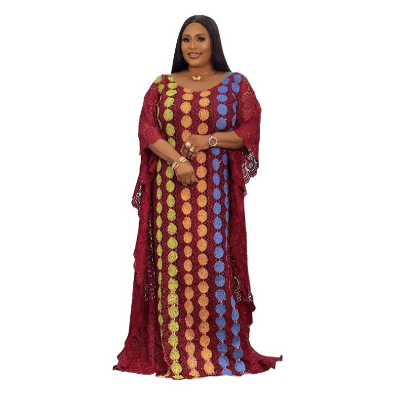 Cross-border Lace Loose plus size Women's Gown Striped Round Neck Long Sleeve European and American Explosions Special Price