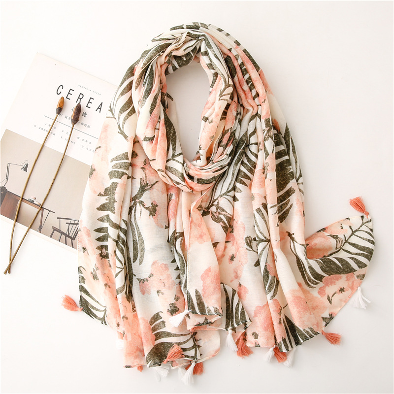 Vintage Ethnic Style Banana Leaf Printed Scarf Fresh Plant Flower Long Scarf Cotton Linen Hand Scarf Women