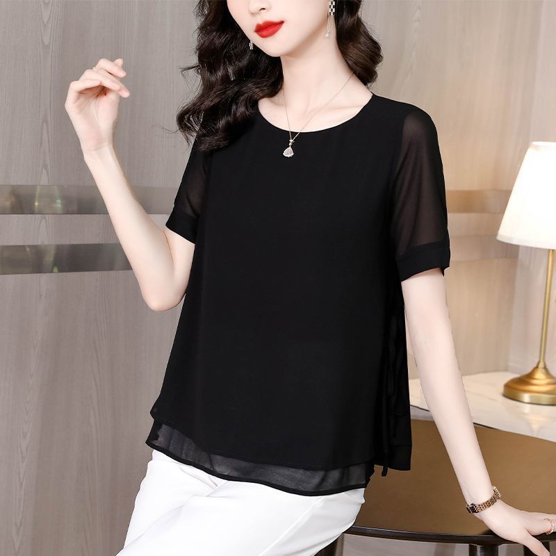 2025 New Summer Chiffon Shirt, Fashionable Mother's Plus Size Women's Round Neck Short-Sleeved Loose Slimming Middle-Aged Tops for Women