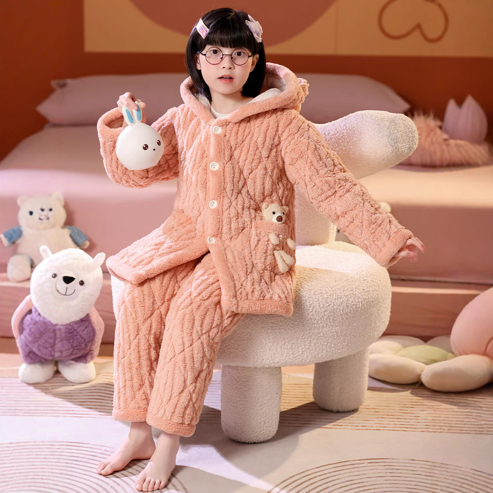 Picture of Children's Three-Layer Quilted Pajamas Winter Flannel fleece-lined Thickened Boys' Girls' Baby Warm Home Clothes suit