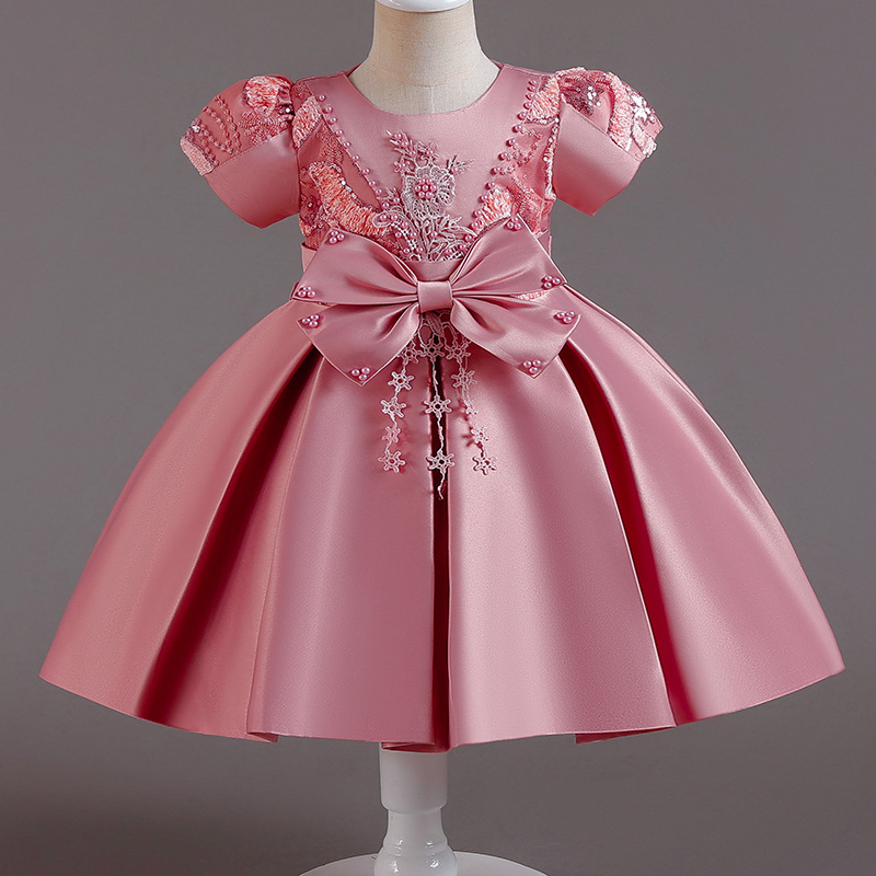 Picture of Cross-border new children's dress Princess dress satin beaded bow dress flower girl birthday party costume