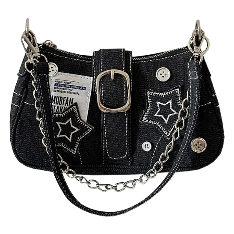 Millennial Hot Girl Star Denim Underarm Bag Sweet Cool Niche Design Crescent Bag Shoulder Bag English Chain Handbag