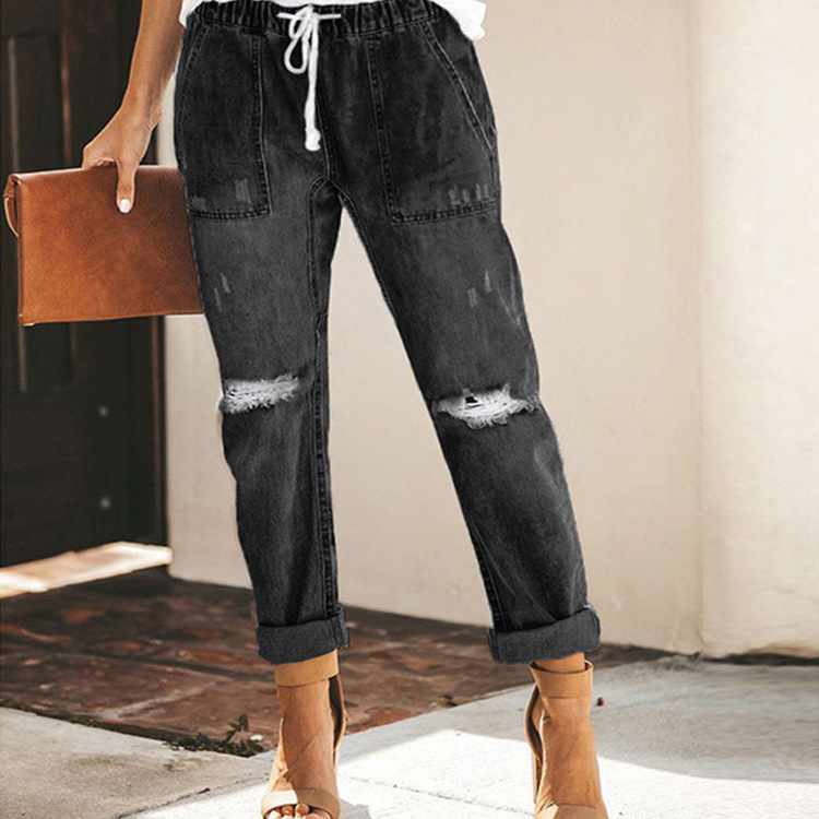 Picture of Cross-border women's clothing 2021 Amazon casual street hipster European and American fashion straight pants women's ripped jeans