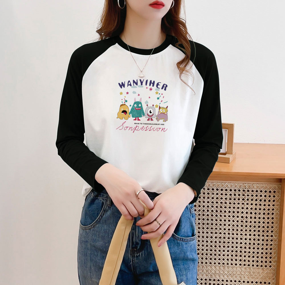 Xinjiang Cotton Shoulder-fitting Design Long-sleeve T-shirt Women's Loose Devil Print Breathable Korean Women's Top Spring and Autumn Fashion