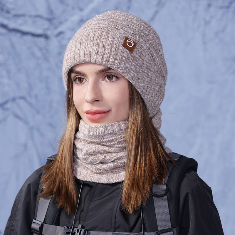 Picture of Winter two-color hat scarf two-piece outdoor cold-proof warm knitted wool hat fleece-lined ear protection cap for women