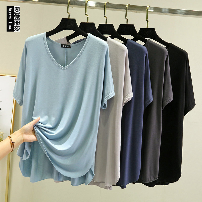 Spring and Summer Modal New V-neck Large Size Loose Mask T-shirt Asymmetric Simple Outer Wear Short Sleeve Top Base Shirt