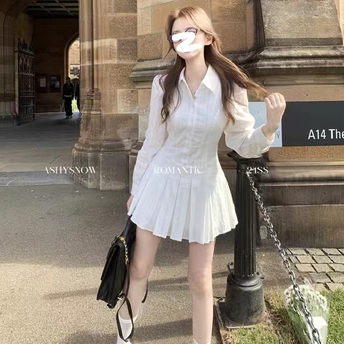 2025 spring college style white long sleeve shirt dress temperament waist design feeling collar pleated short skirt A