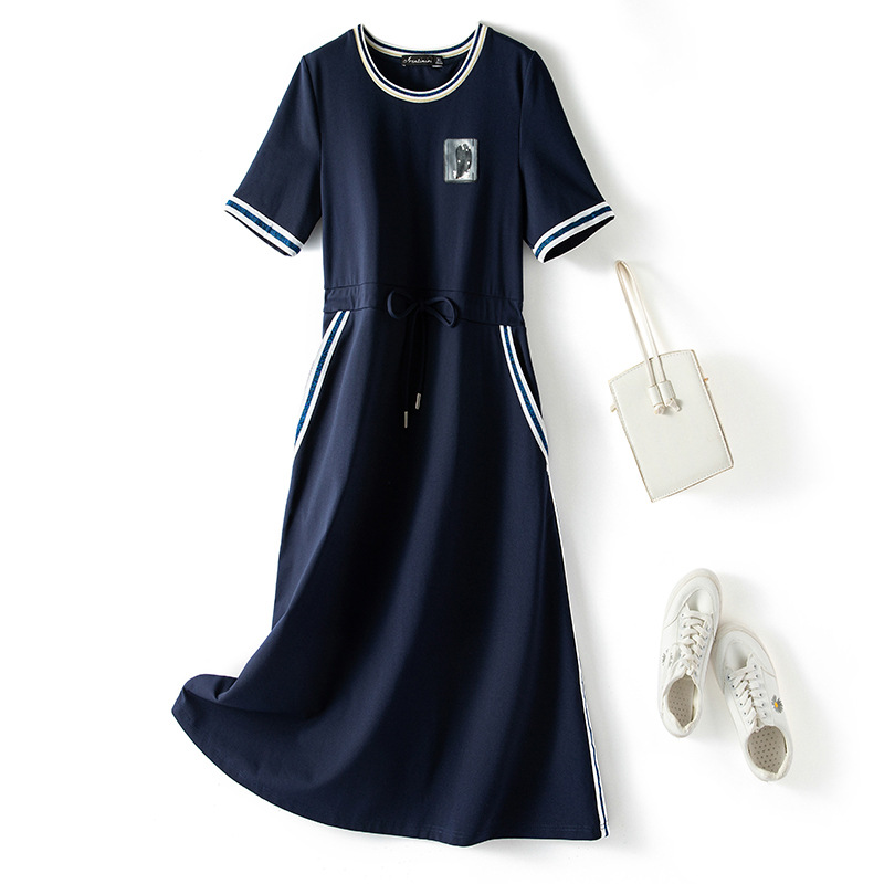 Spot Large Size Women's Clothing Chubby Girl Summer 2021 New Simple Casual Dress Chubby Girl Tight Waist Lace-Up Dress