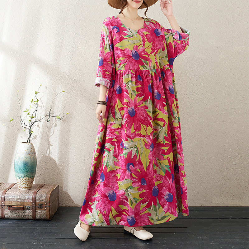 Foreign Trade dress Autumn Thick Cotton and Linen Printed Round Neck Loose plus size Artistic Vacation Plus Size Long Sleeve Skirt