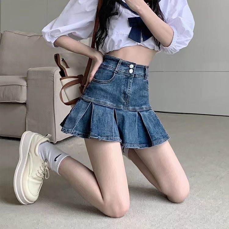 High Waist Pleated Denim Skirt Women's Spring and Summer 2023 New Slimming Design Sense A- Character Hot Girl Hip Short Skirt