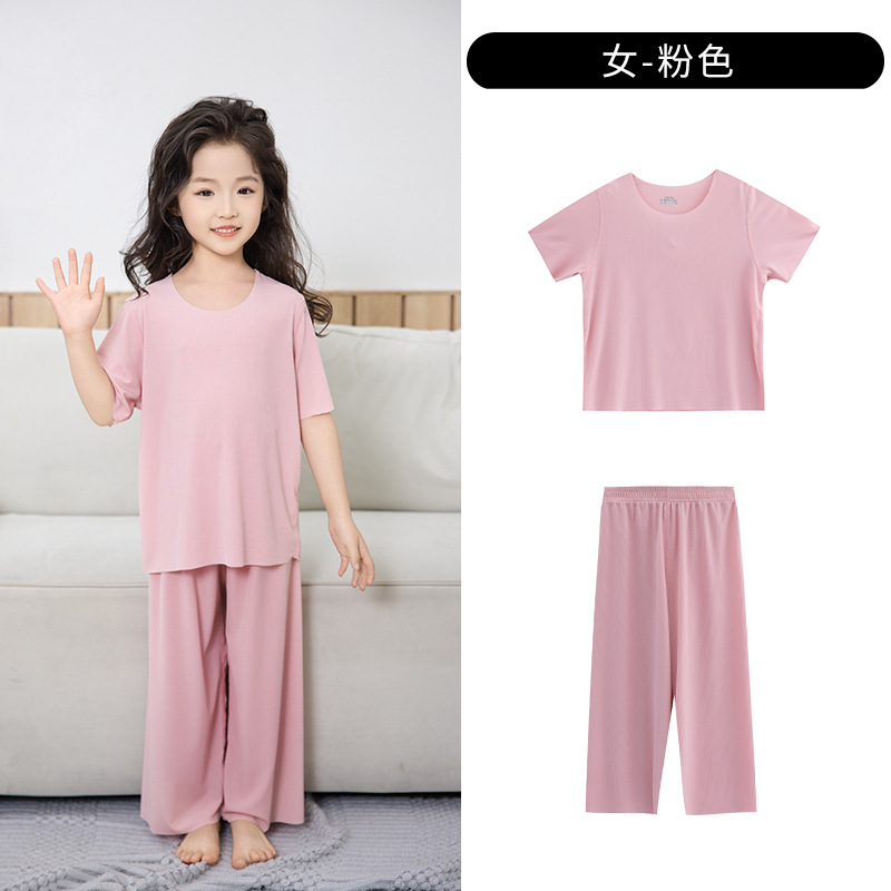 Picture of Summer New Style Boys' Short-Sleeved Loose Seamless Ice Silk Home Clothes Children's Two-Piece Set Girls' Pajamas Set Wholesale