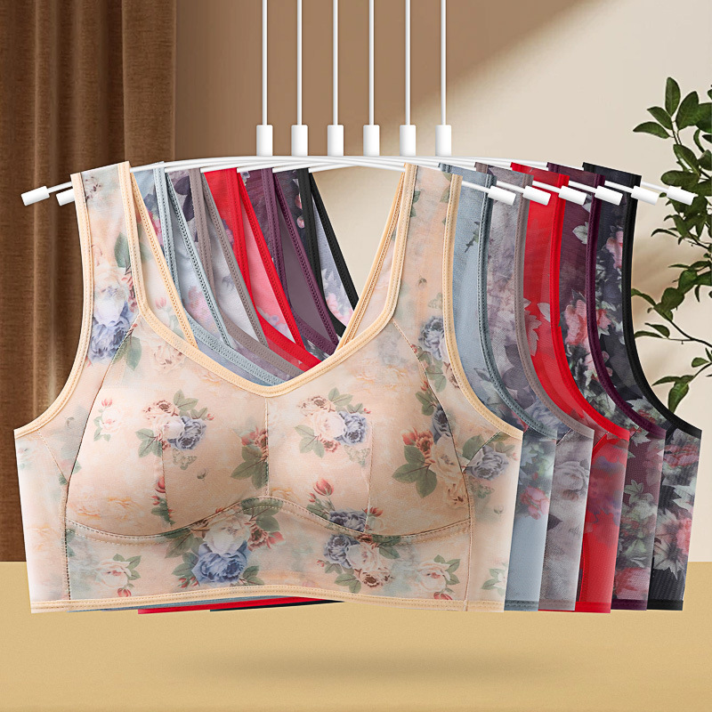 Middle-aged mother bra plus size underwear women's fixed one-piece cup without steel ring underwear printed women's vest
