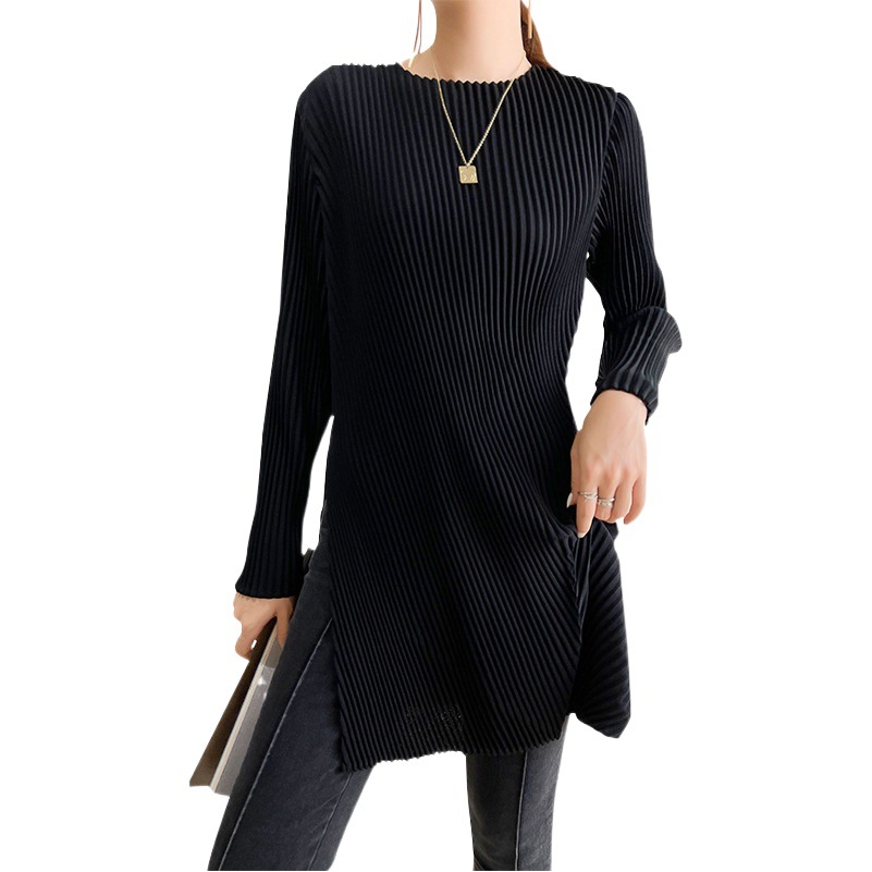 Pleated Top Women's Mid-Length Slit Covering Buttocks and Slimming Look Spring & Fall New Miyake Black Classy Long-Sleeved T-Shirt for Women