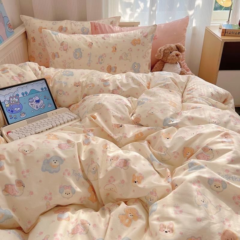 Picture of Washed Cotton Bed Sheet Four-Piece Set, Fresh Style Duvet Cover, Simple Ins Student Dormitory Three-Piece Duvet Cover Set