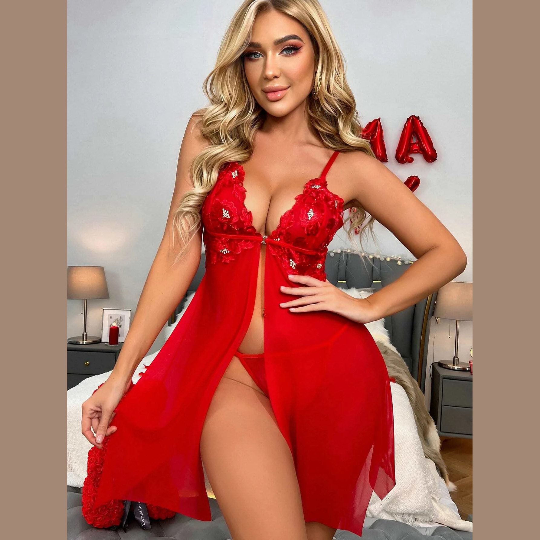 Cross-border supply of European and American foreign trade sexy underwear sexy women's red strap mesh split pajamas set Wholesale
