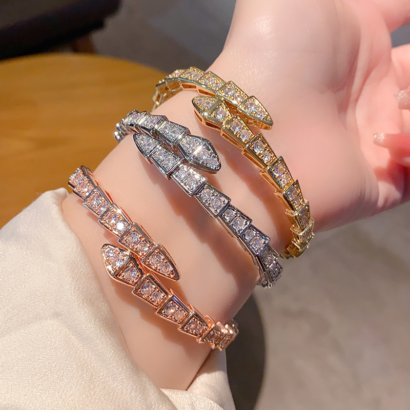 Picture of Factory direct thick gold spring full diamond snake bracelet women 18 rose gold open jewelry snake bone bracelet second generation hair