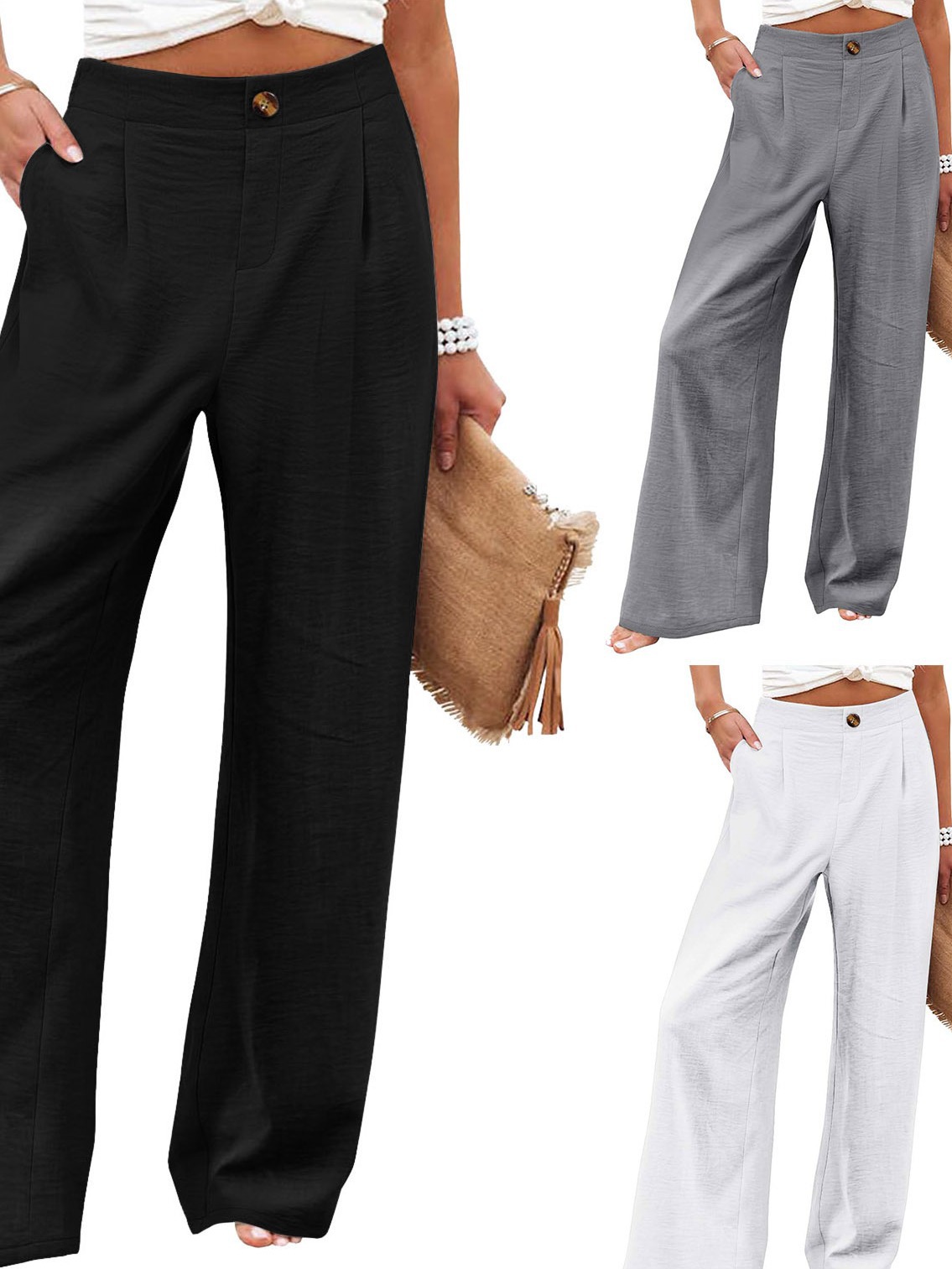 Picture of 2025 Cross-Border Amazon European and American Summer Plaid High Waist Trousers Button Elastic Waist Wide Leg Pants Women's Casual Straight-Leg Pants