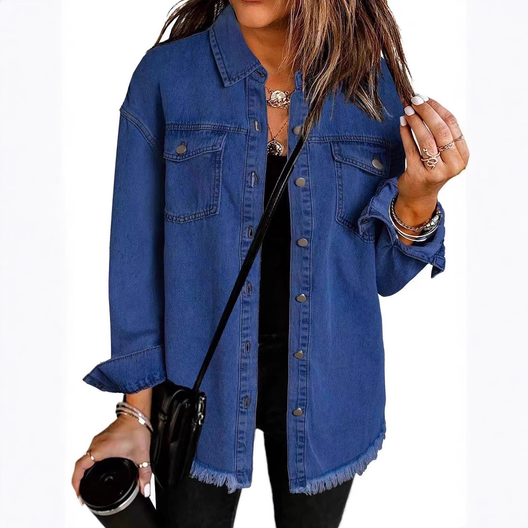 Picture of 2025 European and American Cross-Border Sales Amazon Standing New Raw Edge Denim Casual Loose Jacket Shirt