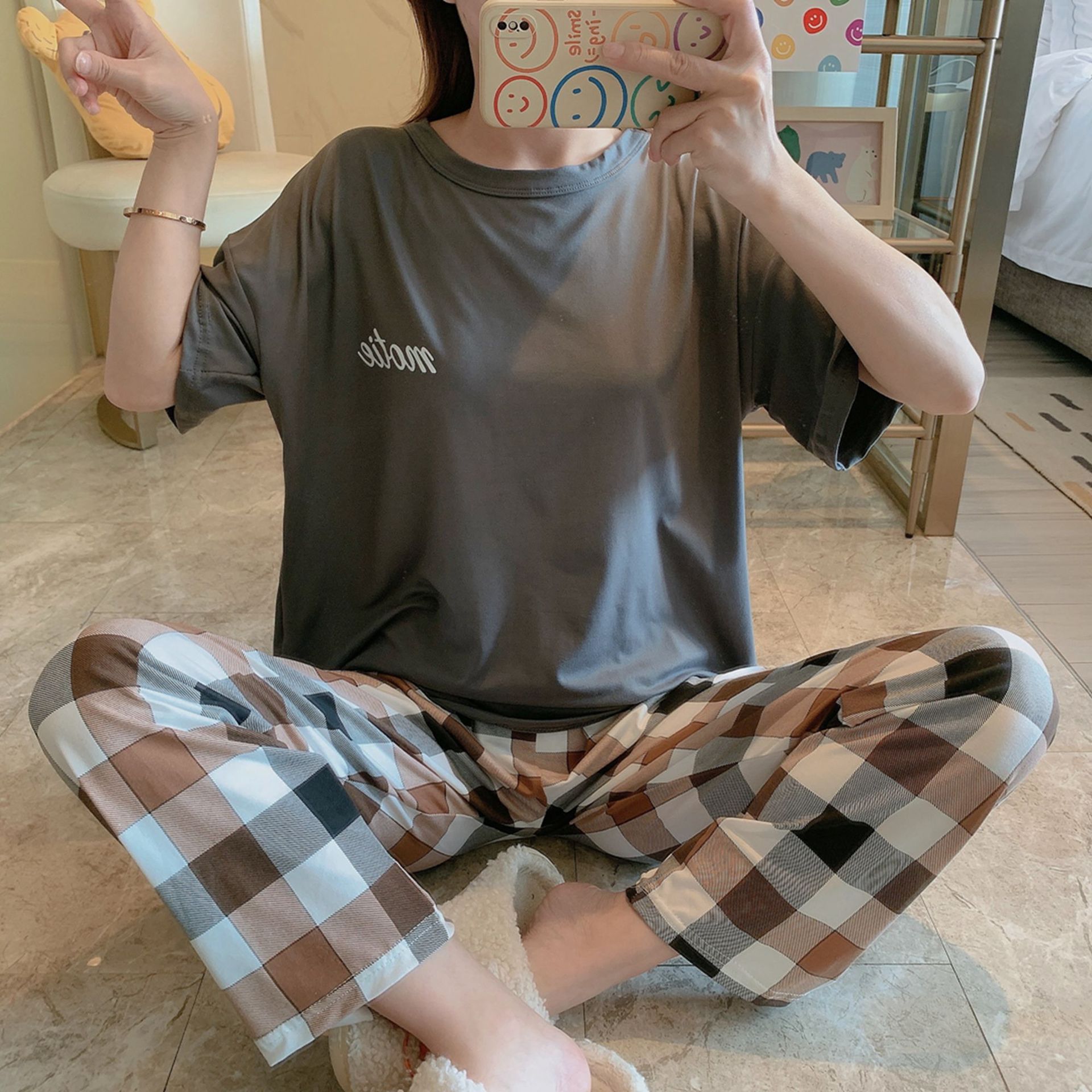 Pajamas 2025 Women's Summer Short-Sleeve Long Pants Set, Cotton-Like Pullover Loungewear, Cool and Breathable