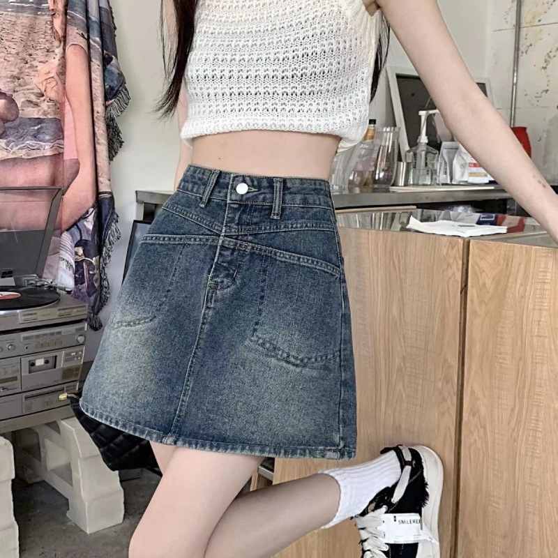 Hong Kong Style Retro Denim Skirt Women's 2024 Spring New Design High Waist Slim A- line Hip Skirt