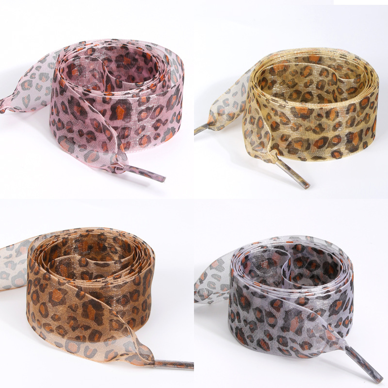 2.5cm Widened Shoelaces, Leopard Print Pattern Silk Gauze Lace Shoelaces, Flat Wide Leopard Print Snow Gauze Shoelaces