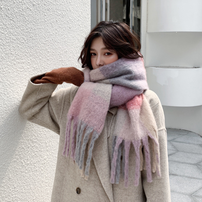 Picture of Winter monochrome plush heavy weight soft fluffy lazy wind solid color large pulled wool warm scarf for students couple